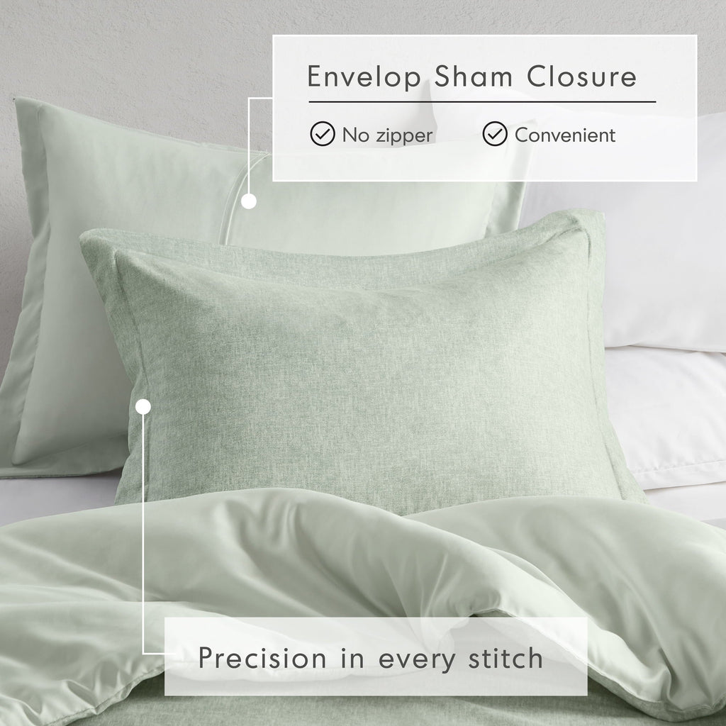 All-Season Full/Queen Comforter Sets, Reversible 3 Piece Extra Soft Bedding Set, Chambray Print Sage Green Comforter Bed Set wit... - Luxurious Quilted Duvet Cover Set Detail