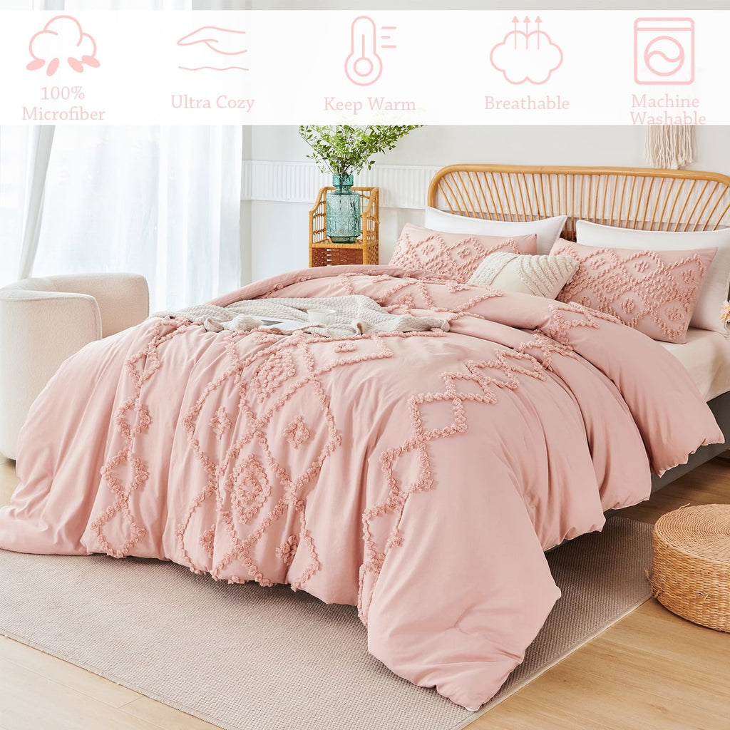 Heavyweight Warmth Pink Diamond Jacquard Comforter Set Queen 3 Pcs Bohemian Tufts Quilt Set for Kids Girls Adult 100% Soft Microfiber Be... - Cloud-Like Soft Lightweight Bed Comforter Detail