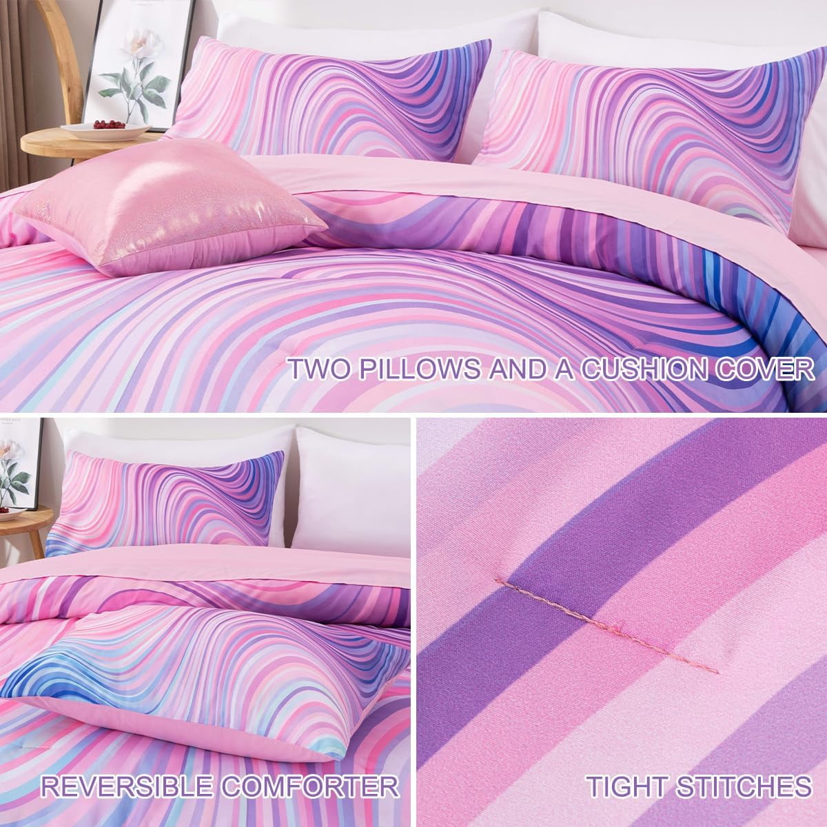 Fluffy Down Alternative 6 Pieces Gradient Star Ring Comforter Set, Colorful Glitter Rainbow Wave Stripes Pattern Bedding Set for Boys Girls T... - Luxurious Quilted Duvet Cover Set Detail