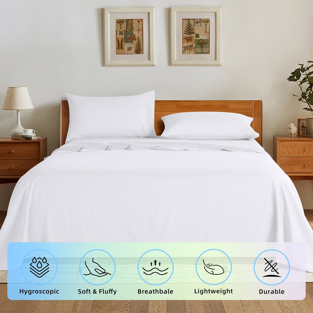 Breathable Luxury Bed Sheets Set, Microfiber Deep Pocket 4 Pieces Luxury Soft Sheet Set, Queen, White - Breathable Egyptian Cotton Flat & Fitted Sheets Detail