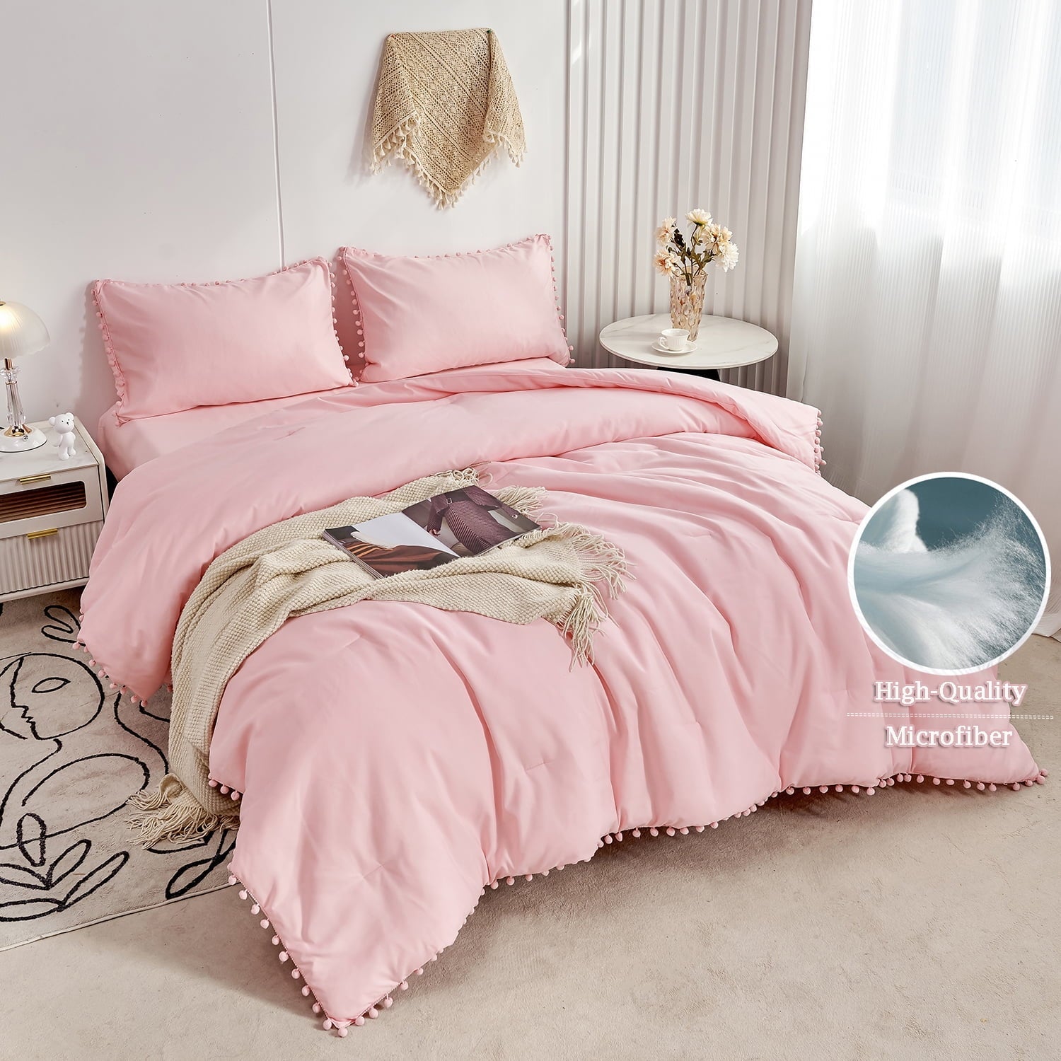 All-Season Pink Full Size Comforter Set Pom Fringe 3 Pcs Boho Chic Cute Ball Pom Blush Bedding Set Cali Soft Lightweight Solid B... - Luxurious Quilted Duvet Cover Set Detail