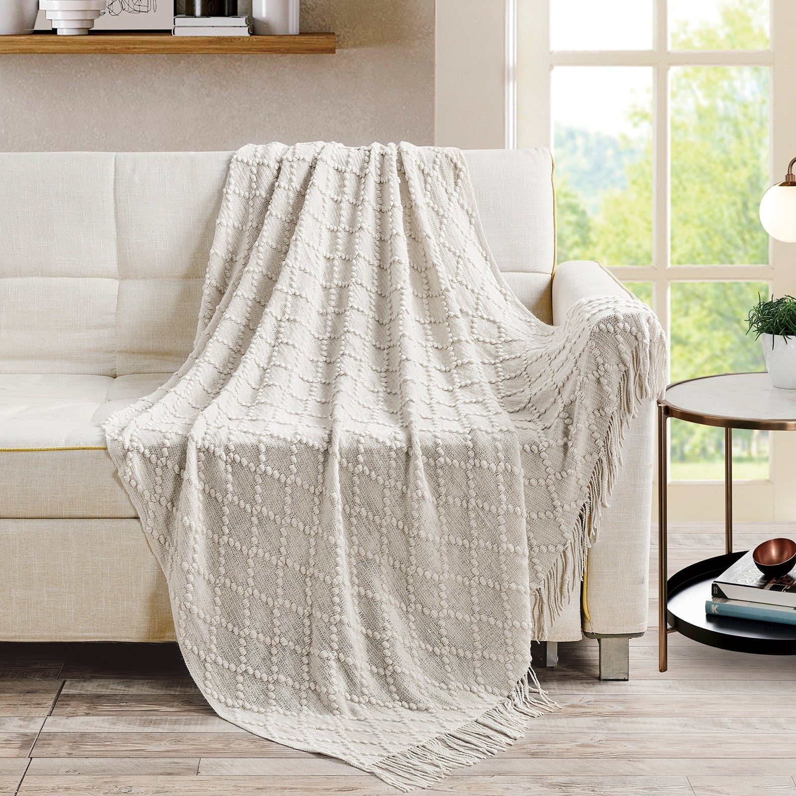 Lightweight Warm Texture Pure Color Soft Throw Blanket and Sofa Or Bed Knitted Decorative Blanket 50 x70 inches Jacquard Diamond Beige... - Luxury Knitted Decorative Throw Blanket with Fringes Detail