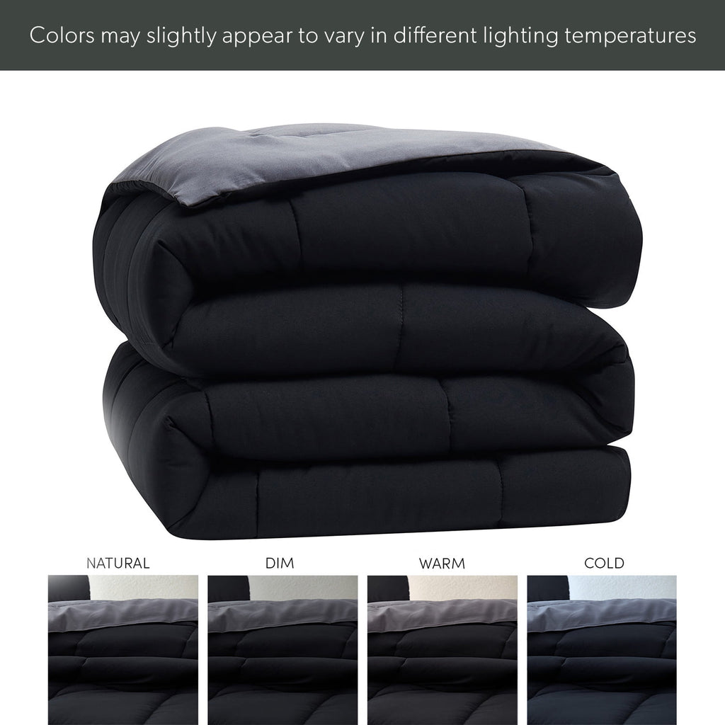 Fluffy Down Alternative Queen Comforter Set, 3 Piece Bed in a Bag, Reversible Down Alternative Bedding Set, Black & Gray - Cloud-Like Soft Lightweight Bed Comforter Detail