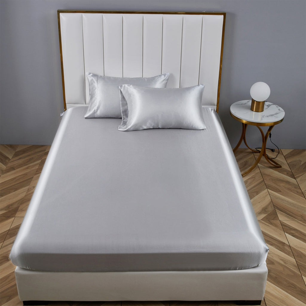 Premium Egyptian Cotton Satin Fitted Sheet King Size 14 Inch Deep Pocket Bed Sheet Silk Sheet Ultra Soft Machine Washable, Light Gray - Luxury Bed Sheet Set with Deep Pockets Detail