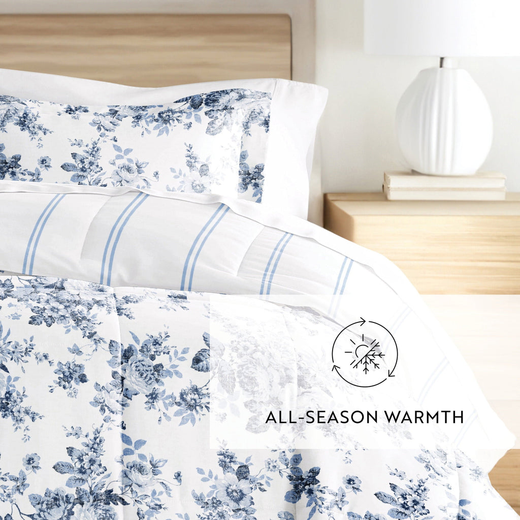Heavyweight Warmth Down Alternative Cabbage Rose Stripe Stone Reversible Comforter Set - Luxurious Quilted Duvet Cover Set Detail