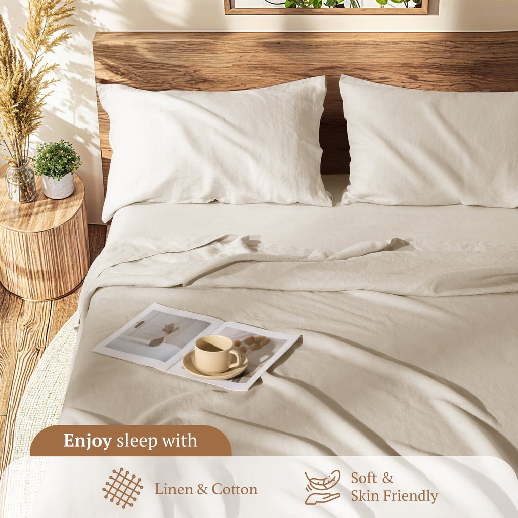 Wrinkle-Resistant Natural Linen Cotton Bed Sheets Set, Deep Pocket - Breathable - Durable - 4 Pieces (Linen, Queen) - Premium Ultra-Soft Pillowcase Pair for Sleeping Detail