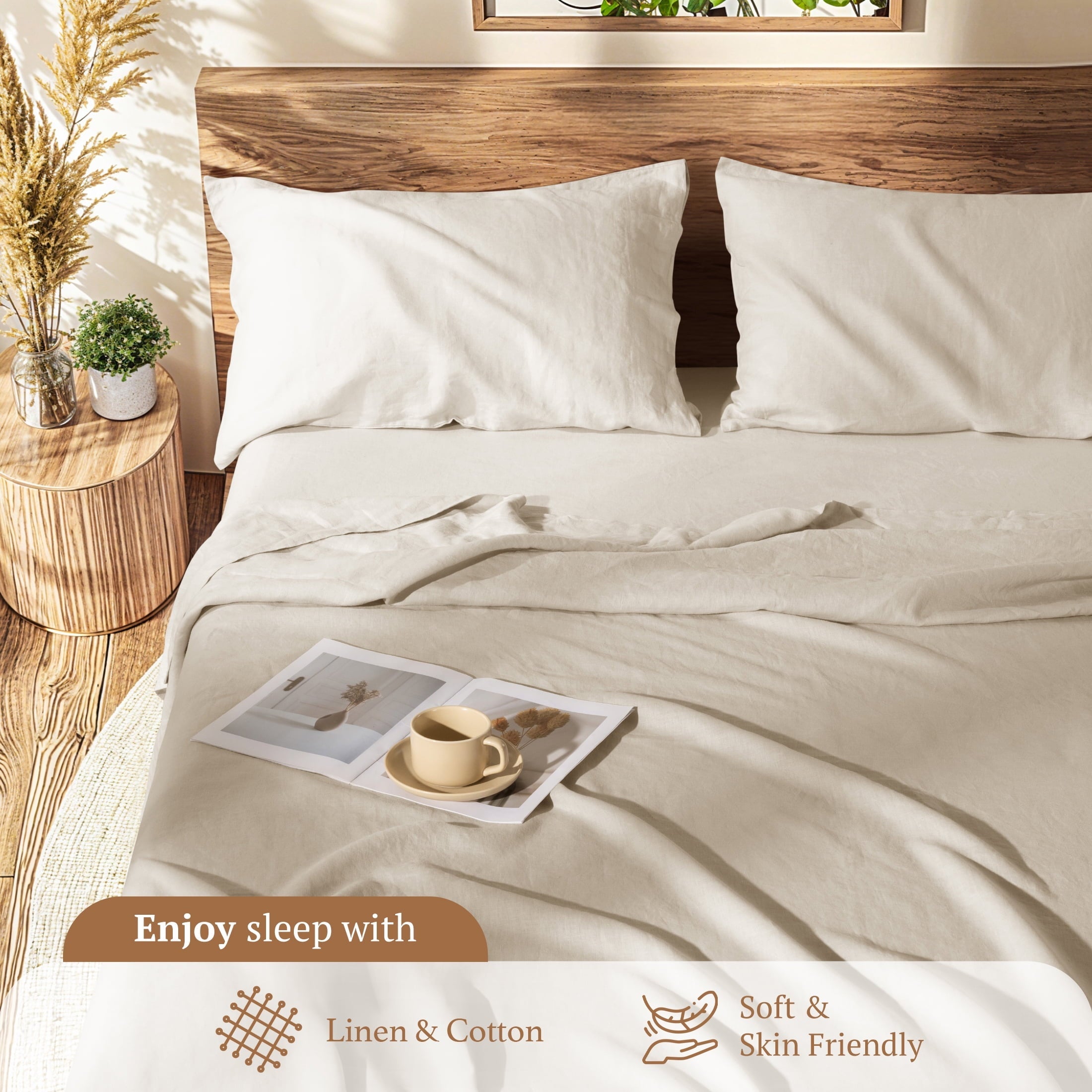 Wrinkle-Resistant Natural Linen Cotton Bed Sheets Set, Deep Pocket - Breathable - Durable - 4 Pieces (Linen, Queen) - Premium Ultra-Soft Pillowcase Pair for Sleeping Detail
