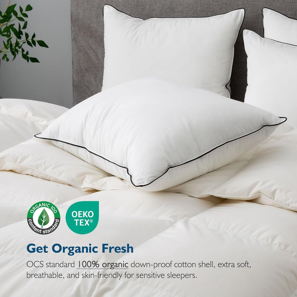 Hotel Collection Hypoallergenic 3‑Chamber Goose Feather Down Core Bed Pillows, Standard Size Set of 2, With Microfiber Surround, Soft-... - Orthopedic Shredded Foam Bed Pillow Set Detail