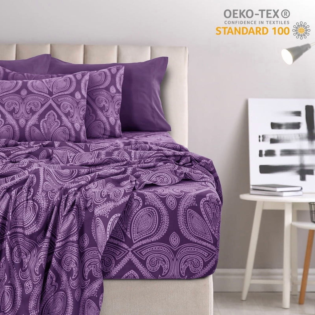 Cooling Sateen Paisley Printed Queen Bed Sheets Set, Microfiber 6 Piece Bedding Set - Purple - Cooling Hotel Quality Bedding Sheets and Pillowcases Detail