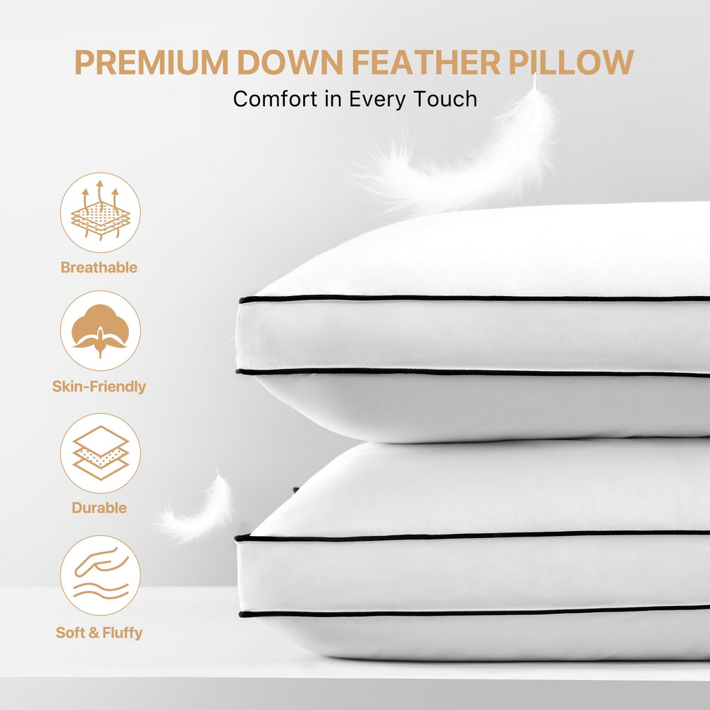 Decorative Plump Gusseted Feather Down Pillow Set of 2, Medium Firm Hotel Bed Pillows 2 Pack, Queen Size for Side Sleepers, 20 x 30 in - Ergonomic Memory Foam Pillow for Neck Pain Support Detail