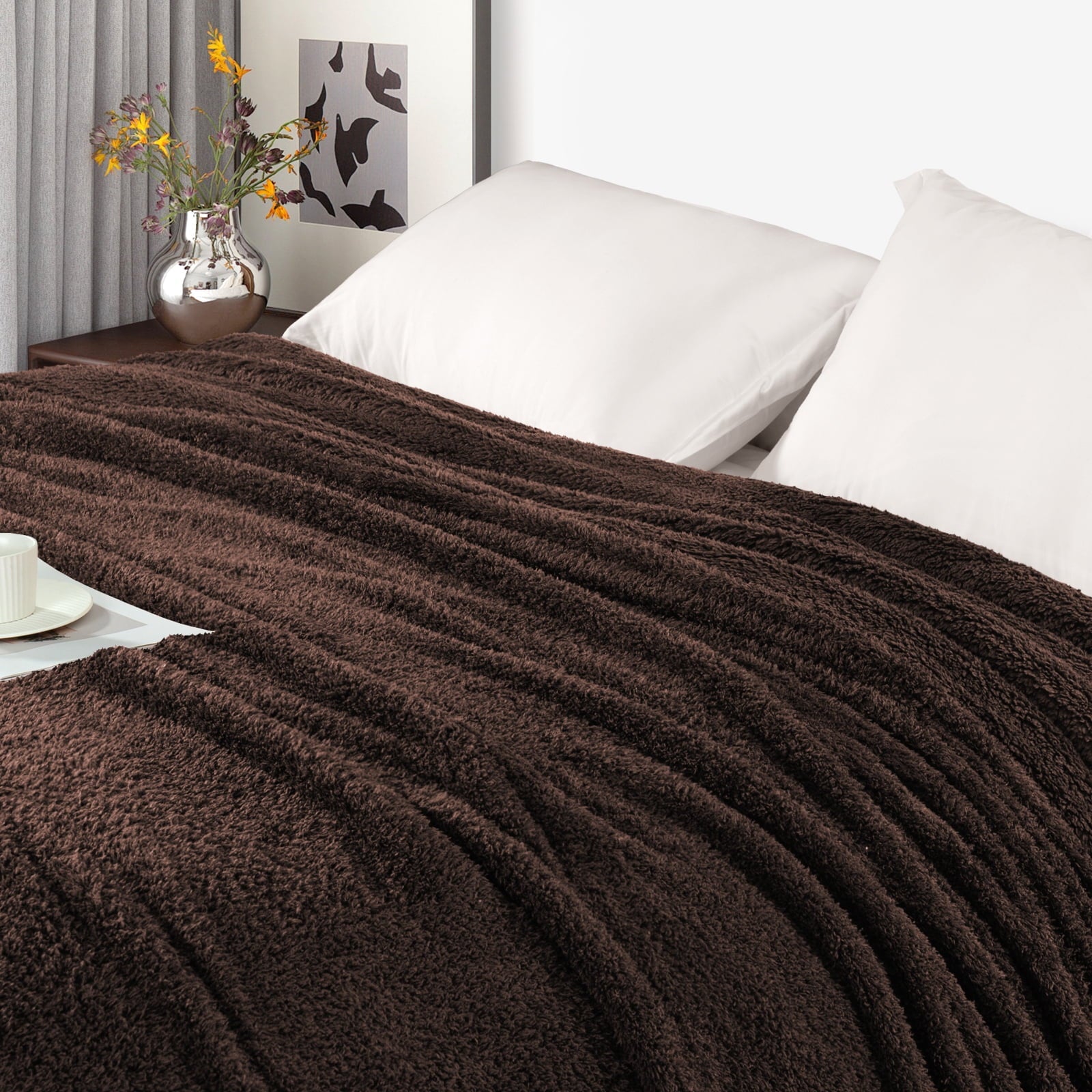 Lightweight Warm Fuzzy Fleece Throw Blanket for Couch Sofa, Lightweight Fluffy Solid Velvet Blanket, 50x60 Inches, Coffee - Luxury Knitted Decorative Throw Blanket with Fringes Detail
