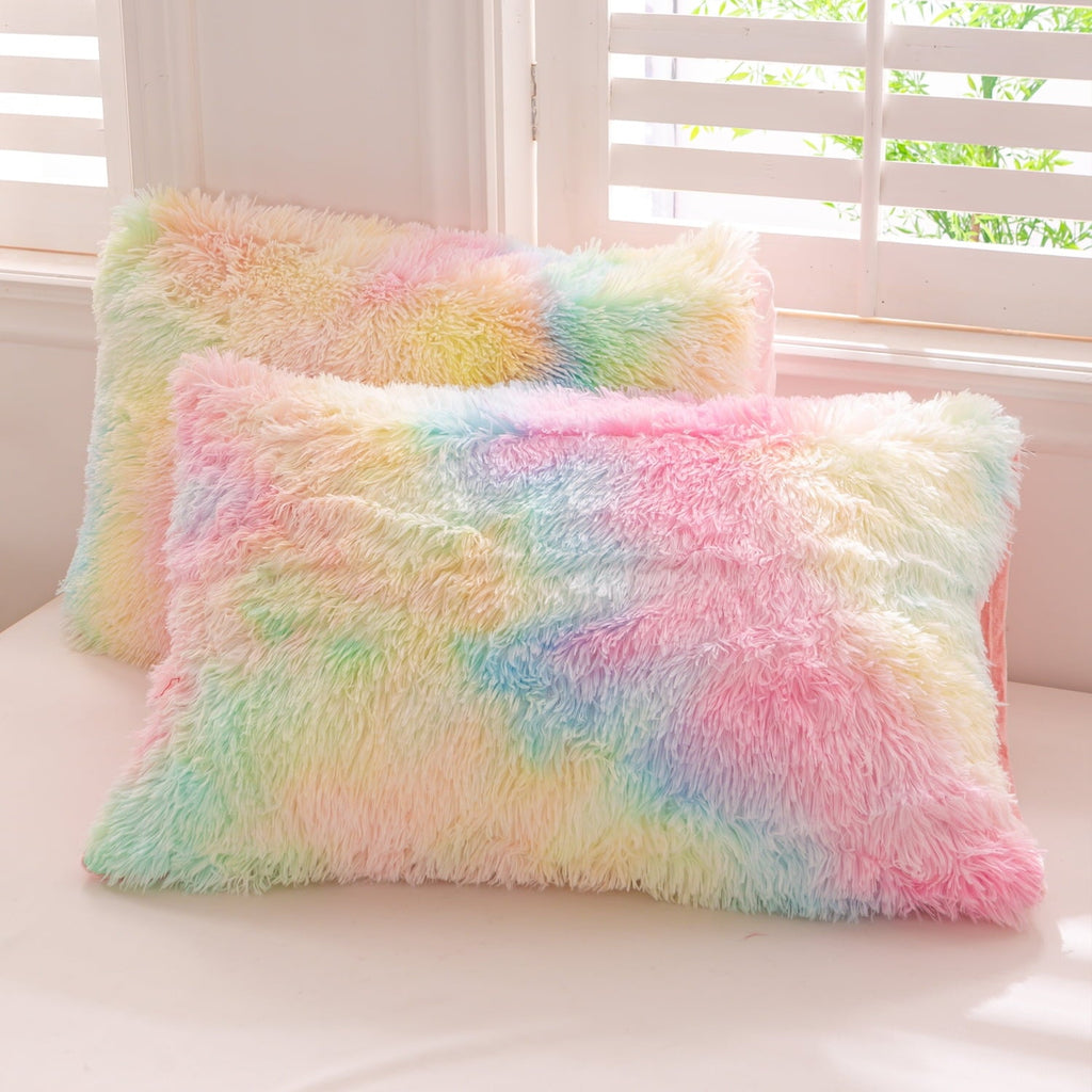 Luxurious Quilted 3Pcs Pink Faux Fur Twin Comforter Set for Girls Tie Dye Rainbow Kid Bed Set Plush Shaggy Bedding Sets Fuzzy Bed Comfo... - All-Season Down Alternative Comforter Insert Detail