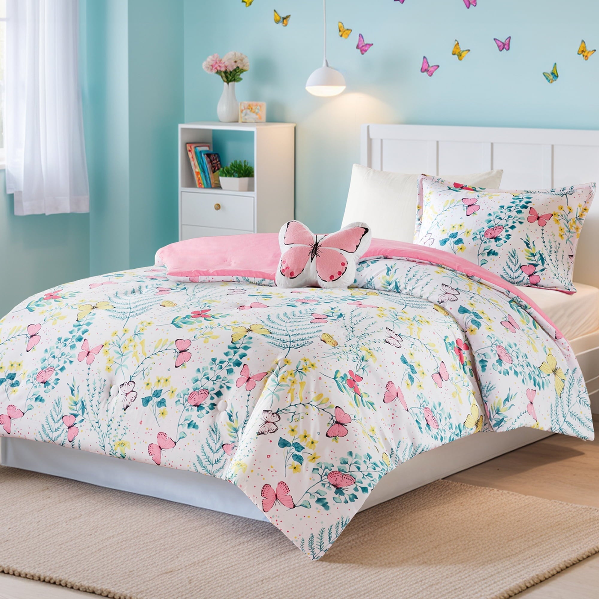 Heavyweight Warmth Full/Queen Size Comforter Sets, 4-Piece Kids Bedding Set for Girls, Butterfly Floral Comforter Bed Set, White/Pink - Luxurious Quilted Duvet Cover Set Detail