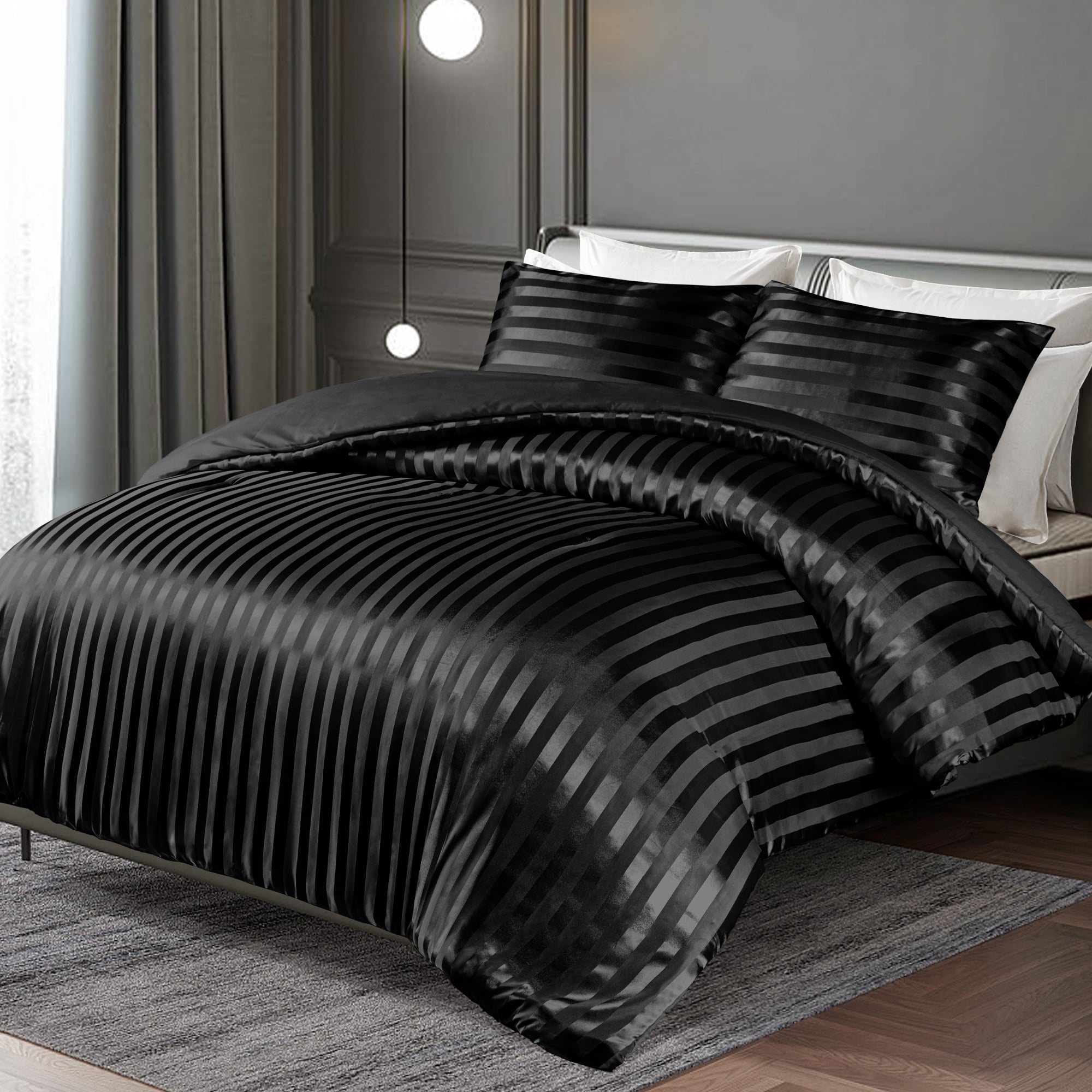 Heavyweight Warmth 3-Piece Reversible Silky Soft King Size Comforter Set, Luxury Stripe Satin Oversized Comforter Bedding Set with 2 Sat... - Luxurious Quilted Duvet Cover Set Detail