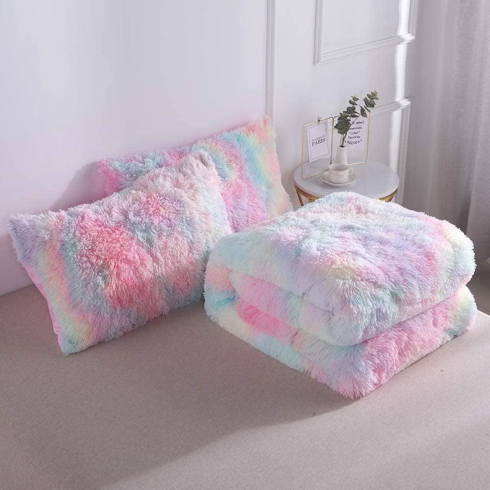 Heavyweight Warmth Plush Shaggy Comforter Set Fluffy Fuzzy Faux Fur Bedding Set - Microfiber Soft Warm Quilt Set(Rainbow Pink,Queen Size) - All-Season Down Alternative Comforter Insert Detail