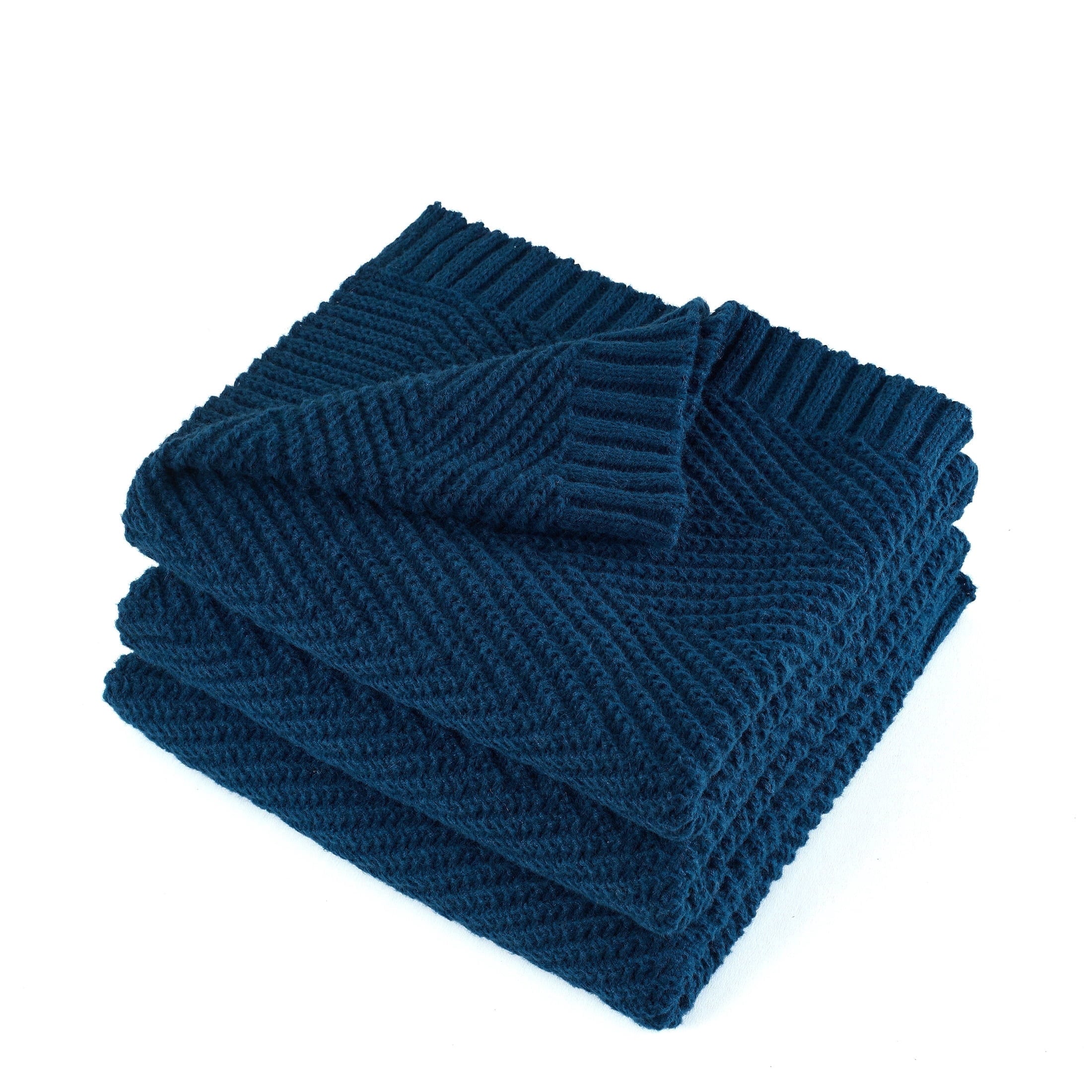 Decorative Knitted Soft Knitted Throw Blanket 50" x 60" Navy Blue, Boho Chevron Farmhouse Throw for Bed Couch - Luxury Knitted Decorative Throw Blanket with Fringes Detail