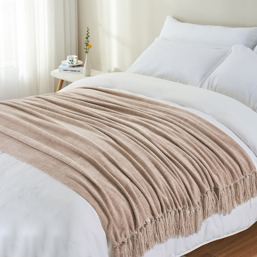 Cozy Fleece Chenille Throw Blanket with Fringe Tassel for Couch Sofa Chair Bed, Taupe 50" X 60" - Lightweight Plush Warm Blanket for All Seasons Detail