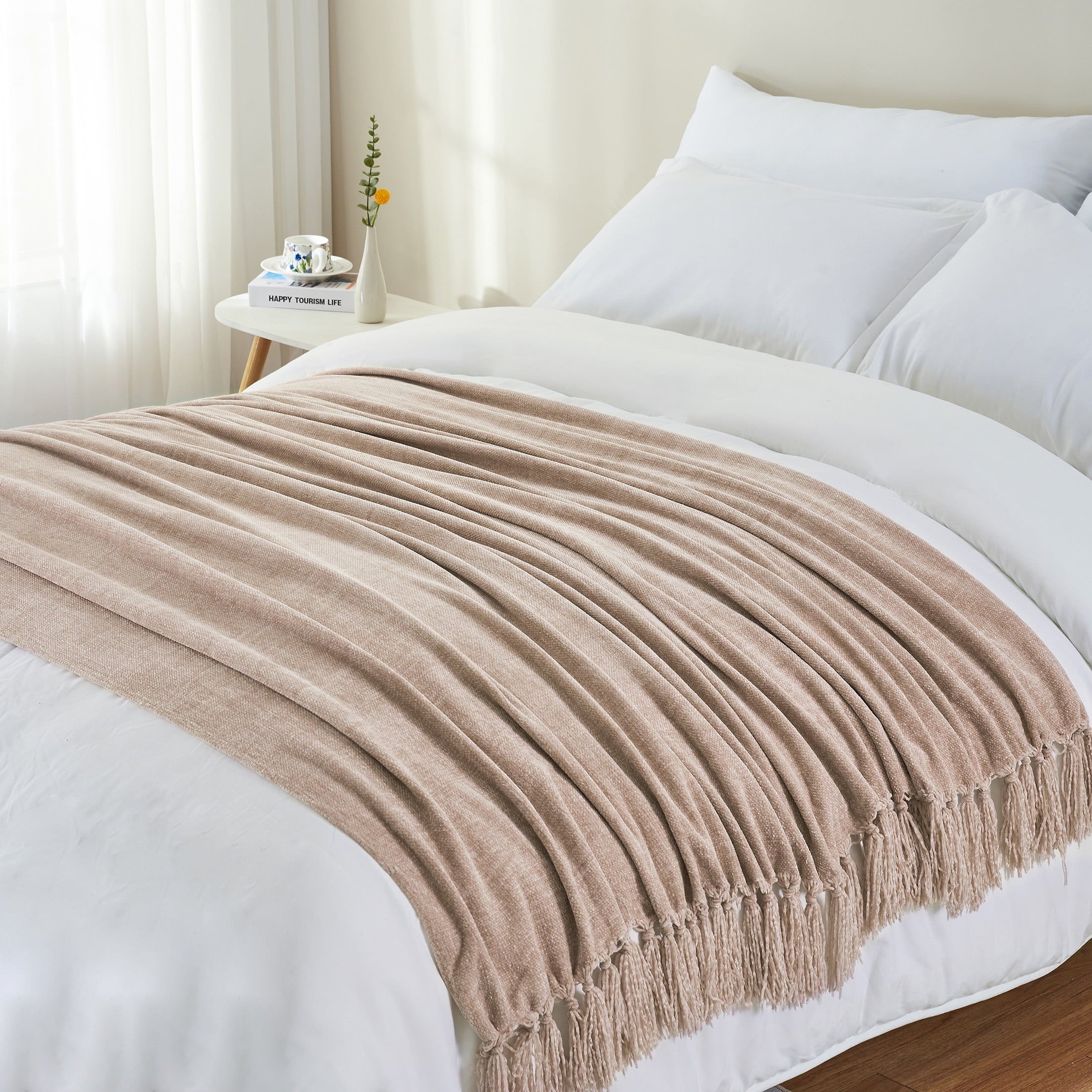 Cozy Fleece Chenille Throw Blanket with Fringe Tassel for Couch Sofa Chair Bed, Taupe 50" X 60" - Lightweight Plush Warm Blanket for All Seasons Detail