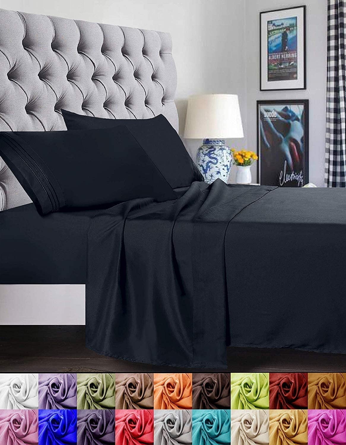 Breathable Luxury 1800 Series Microfiber Bed Sheets 6-Piece Set, Deep Pocket, Queen Black - Premium Ultra-Soft Pillowcase Pair for Sleeping Detail