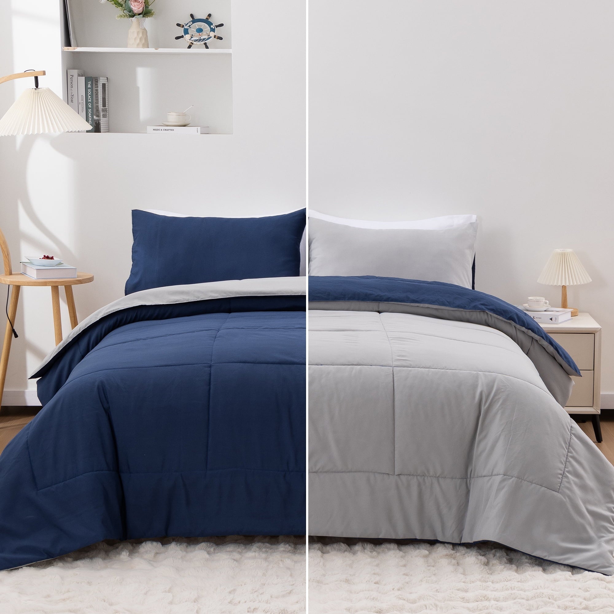 Fluffy Down Alternative Queen Comforter Set All Season Reversible Bed Set with 2 Pillow Cases 3 Pieces Bedding Sets Down Alternative Blue/Gra... - Luxurious Quilted Duvet Cover Set - Default Title