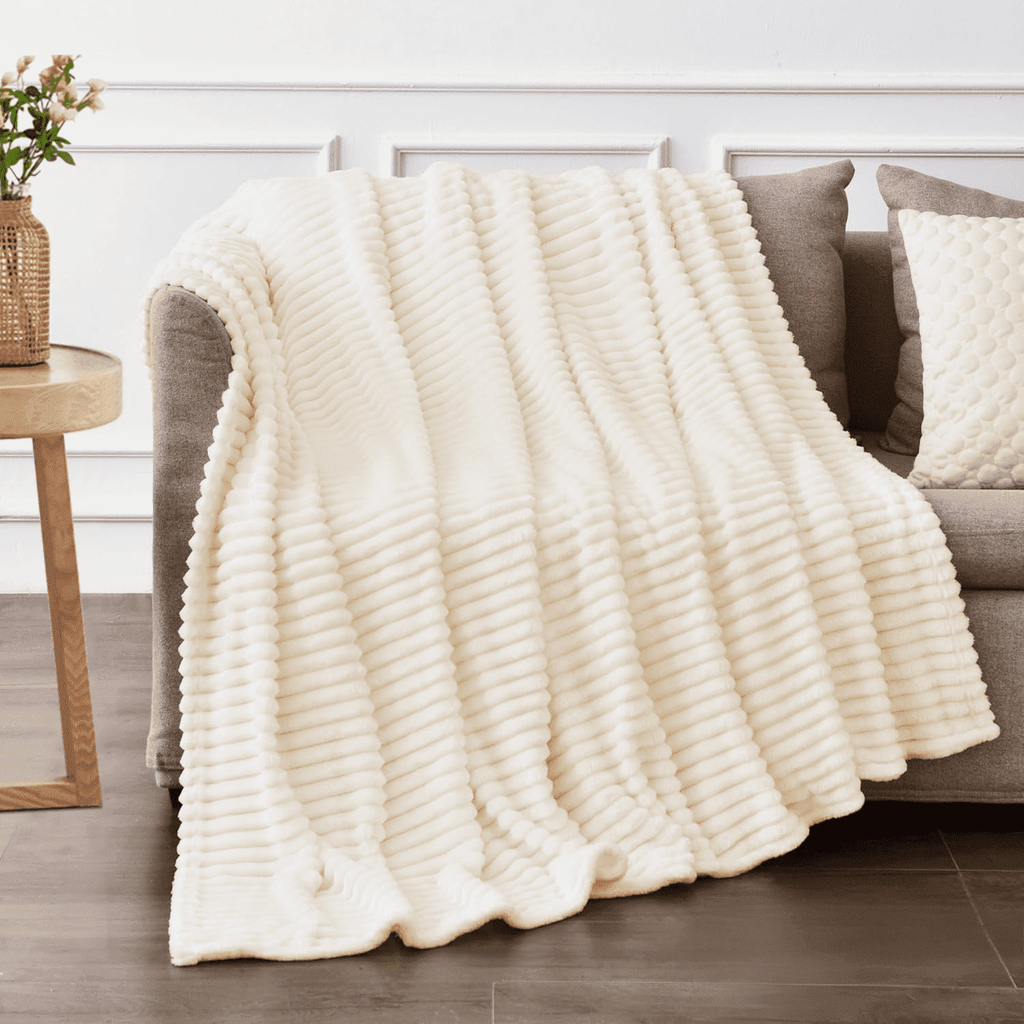 Cozy Fleece Throw Size Blanket for Couch, Sofa, Bed, Striped Beige Throw Blanket for Office Picnic Travel Bedroom, Super Soft War... - Luxury Knitted Decorative Throw Blanket with Fringes - Default Title