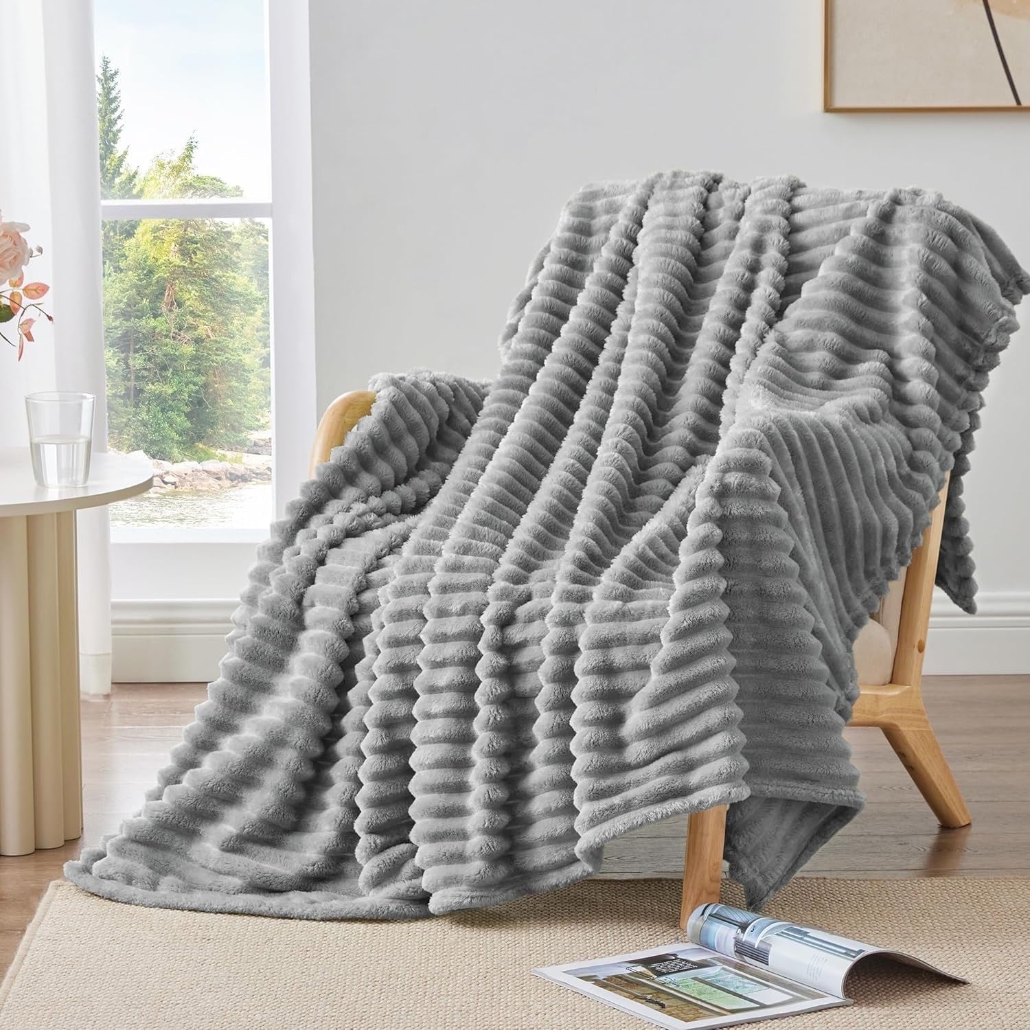 Decorative Knitted for Couch,Sofa,Bed, Super Soft Striped Gray Bed for Office Picnic Travel Bedroom, Warm Cozy Lightweight Home Decor fo... - Cozy Fleece Throw Blanket for Couch & Bed - Default Title